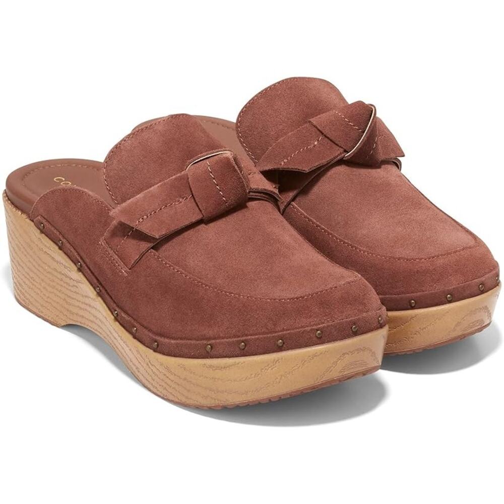 NWT Cole Haan Women's CLOUDFEEL Bow Clog, Sequoia Suede/Antique Brass, 6
